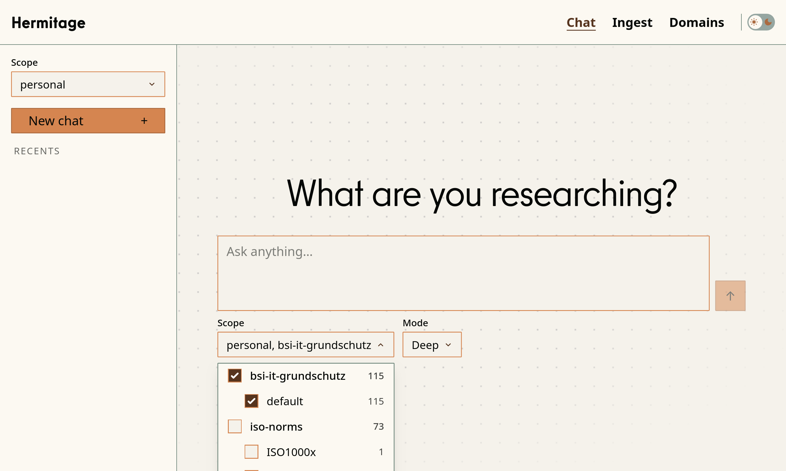Starting view of the web frontend with the domain and collection selection
                open.