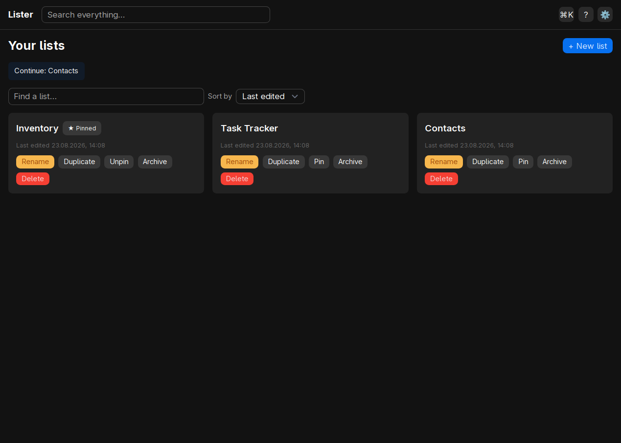Starting screen, overiew over existing lists.